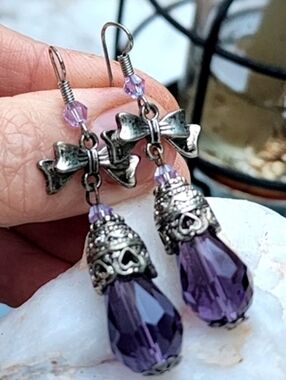 Purple Earrings Vintage Silver Dangling Sparkling Teardrop Bow  Crystals